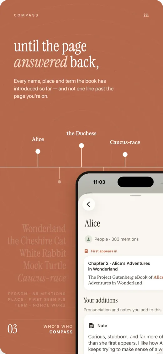 Compass showing a spoiler-safe entry for Alice and where she first appeared.