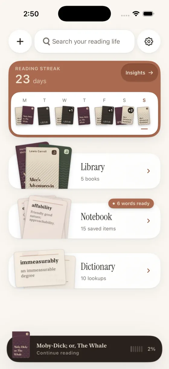 Fleuron’s home screen, with a reading streak, library, notebook, dictionary and current book.