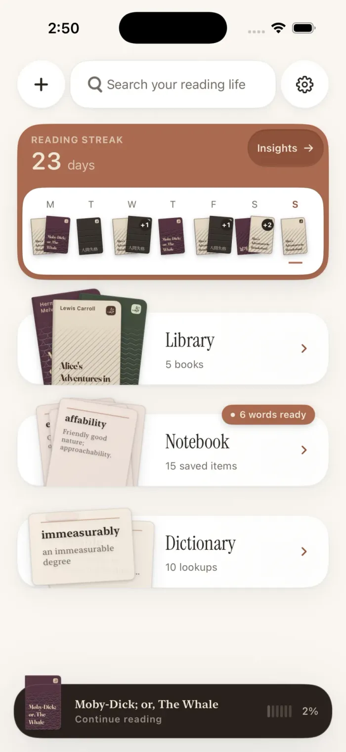 Fleuron’s home screen, with a reading streak, library, notebook, dictionary and current book.