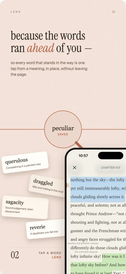 Lens showing contextual meanings inside the reading page without leaving the book.