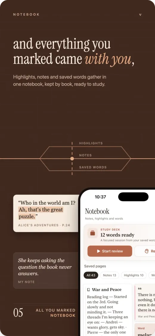 The Notebook bringing highlights, notes and saved words together by book.