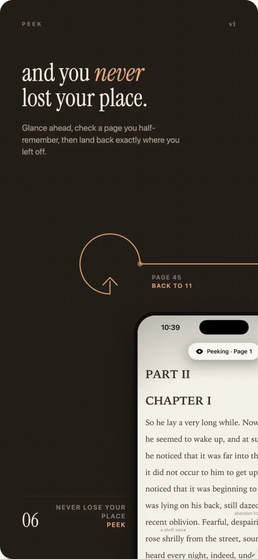 Peek moving to another page while preserving the reader’s original place.